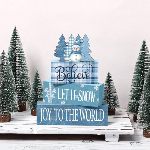 Christmas Blue Snowman Wooden Tiered Tray Decor Set - Holiday Table Centerpiece - Variation of THIS listing
