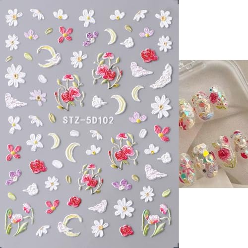 MIXFOSAHN 3D Floral Nail Stickers Set - Colorful Flower Decals for Nail Art (8 Sheets)