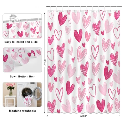 Mocsicka Pink Heart Shower Curtain - 71x71 Inch Romantic Valentine Decor