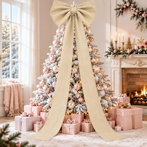 Beige Extra Large Burlap Bow Tree Topper 118x28 Inch Christmas Decor