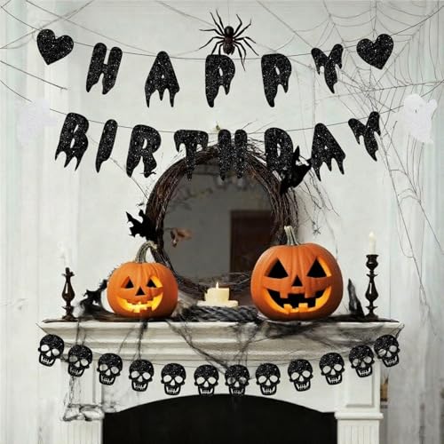Black Halloween Happy Birthday Banner with Skull Garland Decorations