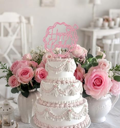 Pink Bow Happy Birthday Cake Topper - Glittery Decoration
