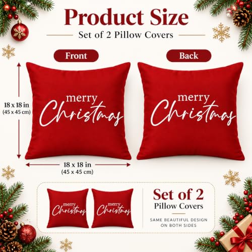 Christmas Pillow Covers 2 Pack - Red Merry Christmas Throw Pillow Cases for Holiday Decor