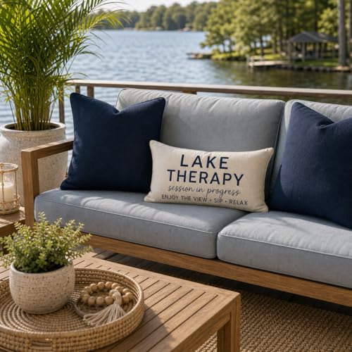 Lake Therapy Lumbar Throw Pillow Cover, 12x20 Inch Farmhouse Cream Decor
