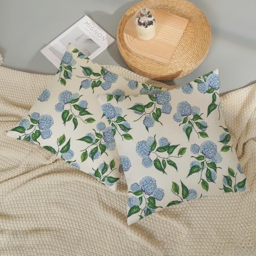 GOLIANDA Hydrangea Floral Linen Pillow Covers 18x18, Set of 2, Blue Green