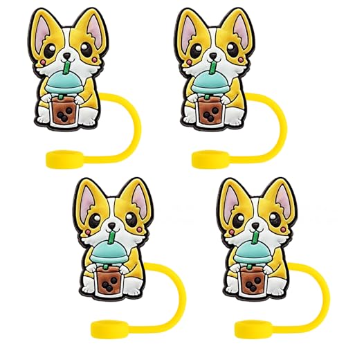 Corgi Dog Straw Toppers for Stanley Cups - 4 Pcs Silicone Straw Covers