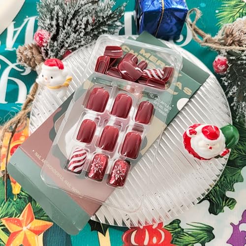 Christmas Red Short Square Press on Nails Winter Fake Nails 24 Pcs