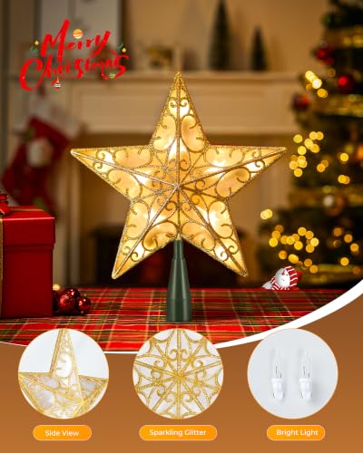 Pvc Gold Star Tree Topper with Built-in 10 Bulb String Lights - Silver Glitter Christmas Star with 3D Design, Indoor Holiday Decoration