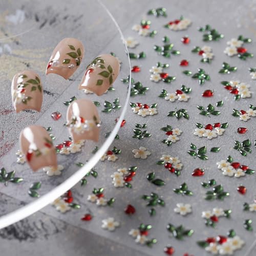 BYJKYEN Floral Nail Art Stickers White Flowers Green Leaves Self-Adhesive Decals