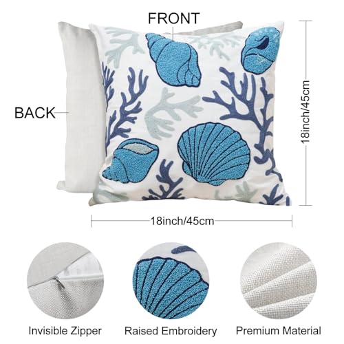 Coastal Decor Pillow Cover – 18x18 Inch Embroidered Coral & Seashell