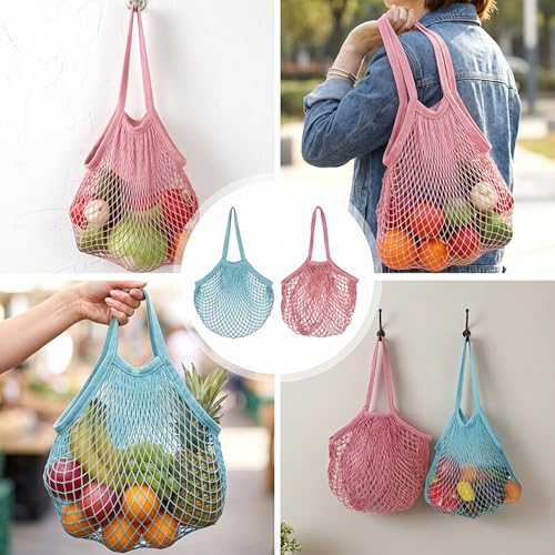 Mabor Mesh Tote Bag Set - Reusable Cotton Grocery Bags, Light Blue & Soft Pink