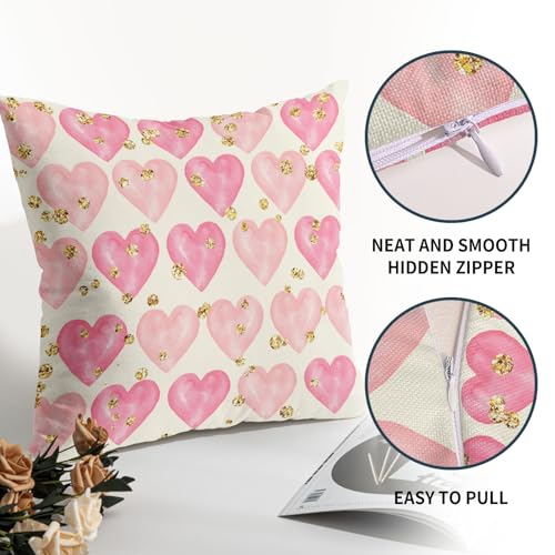 Valentine's Day Decorative Pillow Covers - Set of 2, 18x18 Inch Pink Heart with Golden Polka Dots