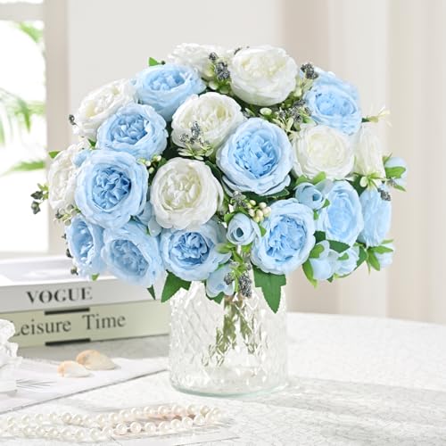 Mixed White Blue Artificial Peonies - 2 Pack Silk Flowers