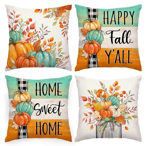 RABUSOFA 20x20 Inch Teal Pillow Covers Set of 4 - Fall Pumpkin & Leaves