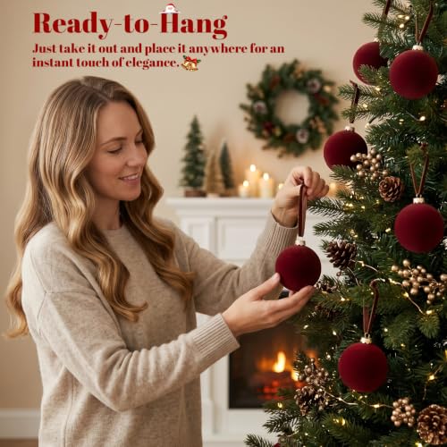 Red Velvet Christmas Tree Ornaments Set - 15 Shatterproof Holiday Decorations