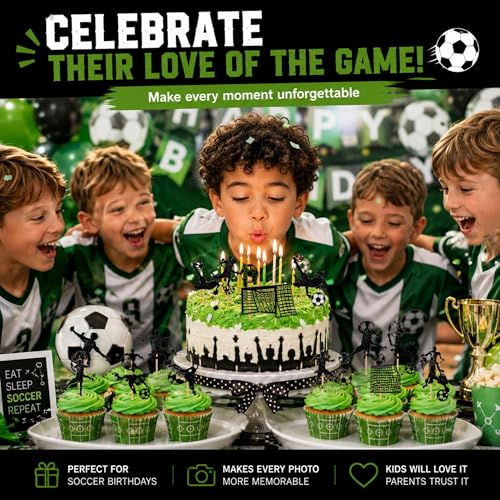 Soccer Cupcake Toppers - 12 Pcs Black Glitter Birthday Party Decor