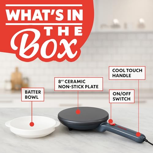 Gourmia 8¡± Crepe Maker ? Nonstick Ceramic Electric Griddle for Crepes, Tortillas & Omelets, Automatic Batter Dipping, Compact & Lightweight, Quick Heat-Up, Includes Batter Plate, Easy Cleanup