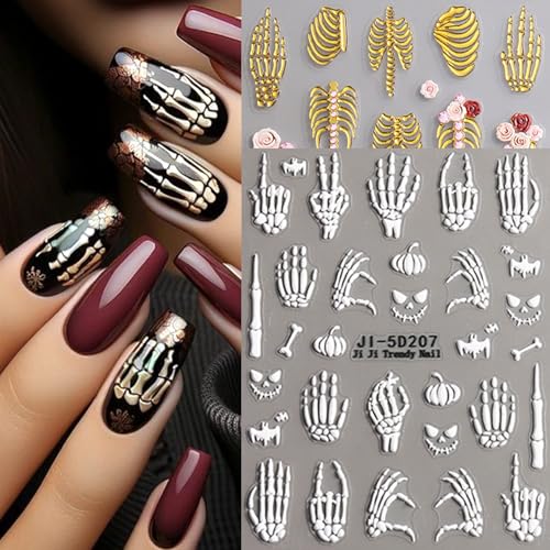 5D Halloween Skeleton Nail Art Stickers - Gothic Rose & Skull Decal Set