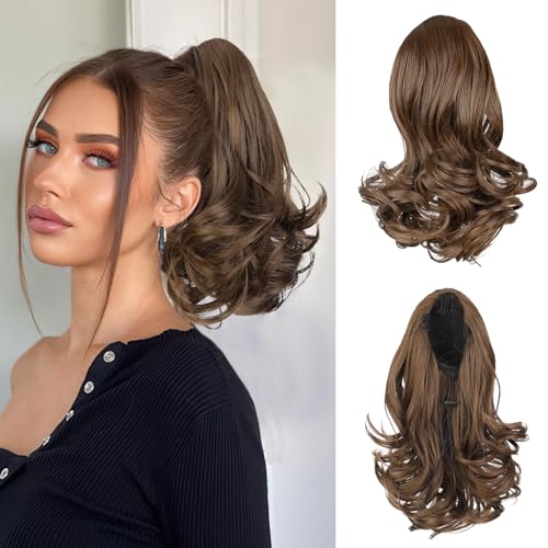 Short Wavy Ponytail Extension Drawstring Bronze Brown 11 Inch Synthetic Hair