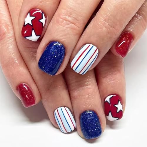 4th of July Short Square Press on Nails Star Acrylic Fake Nails 24Pcs