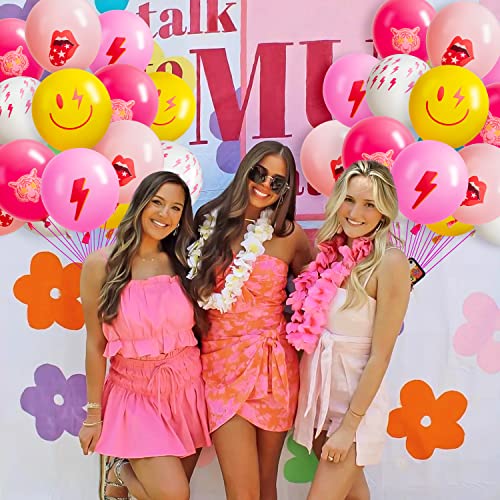 50Pcs Hot Pink Y2K Party Balloons with Smile Faces & Lightning