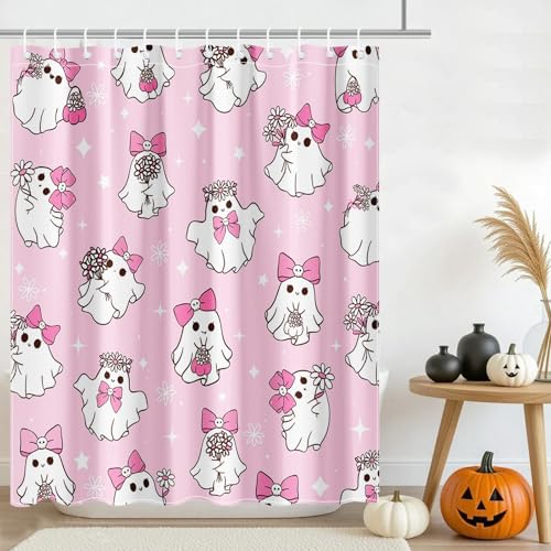 Mocsicka Halloween Pink Ghost Shower Curtain, 71x71 Inch Waterproof Fabric