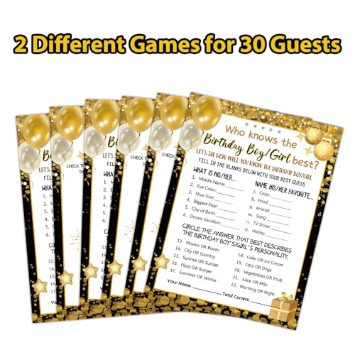 30 Birthday Game Cards - Who Knows the Birthday Star Best? (Black Gold)