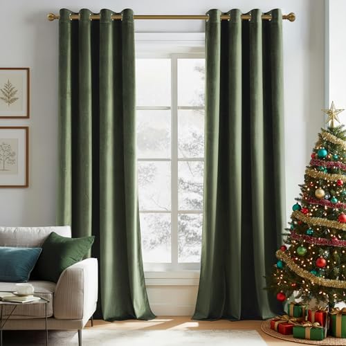 NICETOWN Olive Green Velvet Curtains 84 Inch Long for Bedroom, Luxury Super Soft Grommet Thermal Insulated Room Darkening Blackout Window Drapes for Living Room, 52 Inch Wide, 2 Panels