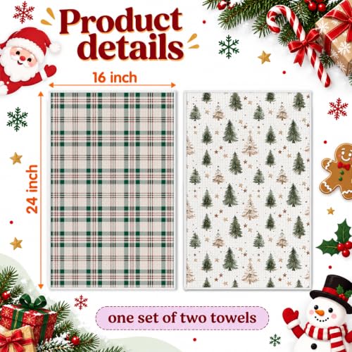 Retro Tree Snowman Hand Towels - Buffalo Plaid Christmas Kitchen Towels - Set of 2