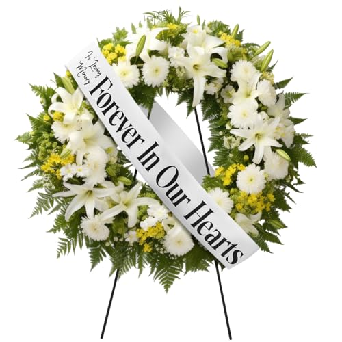Funeral Sash Ribbon - Forever in Our Hearts - 58x4" White Memorial Wreath