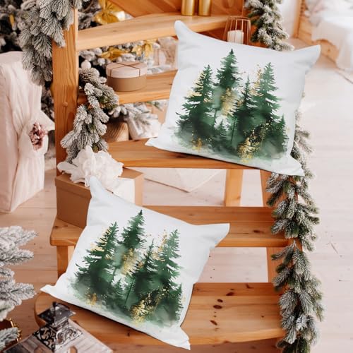 Artmag Christmas Pillow Covers Set of 2, 18x18 Inch Green Gold