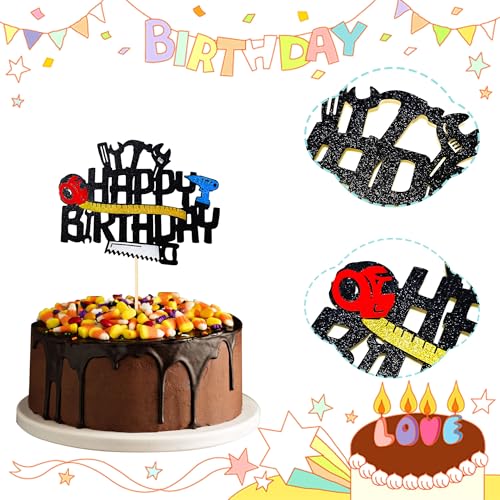 Tool Happy Birthday Cake Topper - Black Mechanic & Construction Party Decor