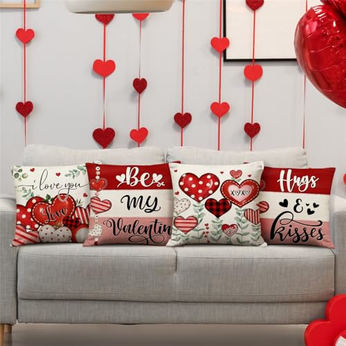 Valentine's Day Pillow Covers Set of 4 - Heart & Flower Design