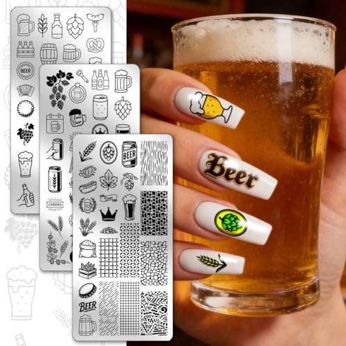 PH PandaHall 3pcs Beer Nail Stamping Plates Stainless Steel Templates