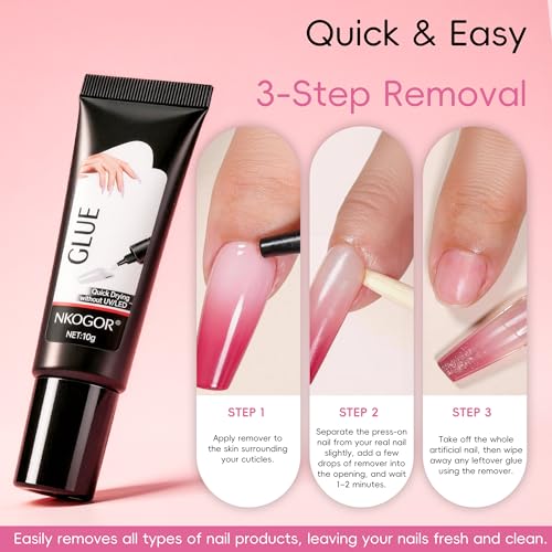 NKOGOR Press On Nail Glue and Remover Kit with Fast Air Dry Bond