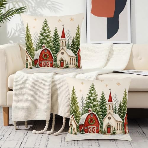 Xmas Snowy Village Christmas Pillow Covers 18x18 Set of 2 - Holiday Decor