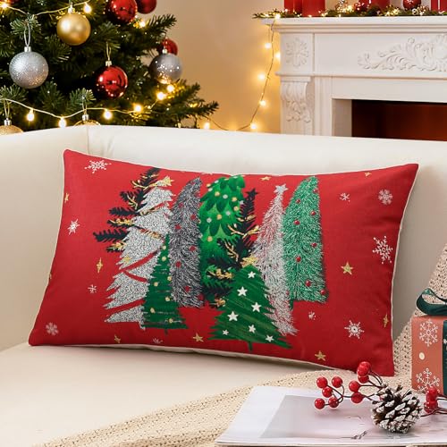 OTOSTAR Christmas Throw Pillow Cover 12x20 Inch - Red Snowflake Design