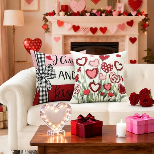 Artscope Valentine's Day Pillow Covers Set of 4, 18x18 Inch Red & Pink Heart Decor