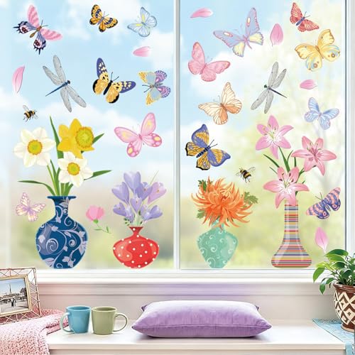 Spring Flower Butterfly Window Clings - 44 Pcs Reusable PVC Stickers