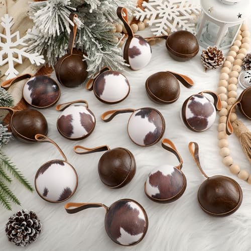 12 Pcs Cowhide Christmas Ornaments - Rustic Western Holiday Decor, 2.36 Inch