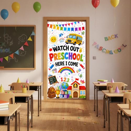 Watch Out Preschool Door Banner - 35x72 inch White School Welcome Backdrop