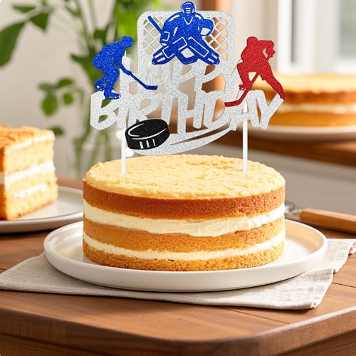 Hockey Themed Happy Birthday Cake Topper - Silver Glitter Decoration