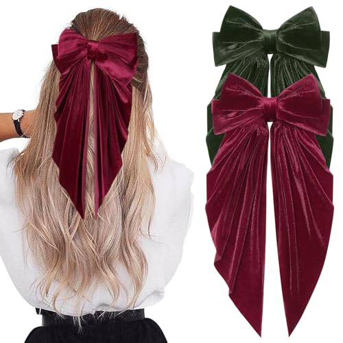 Aileam Velvet Hair Bows for Women and Girls, 2-Piece Oversized Hair Ribbon Clips with Long Tails, Green & Wine Red