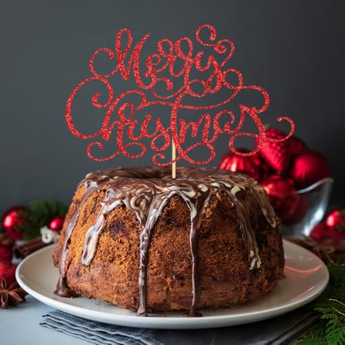 Merry Christmas Cake Topper Red Glitter Holiday Party Decoration