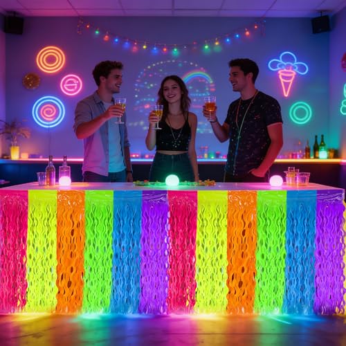 2 Pack Glow in the Dark Neon Tinsel Table Skirts - 108 x 29.5 Inch Party Decor
