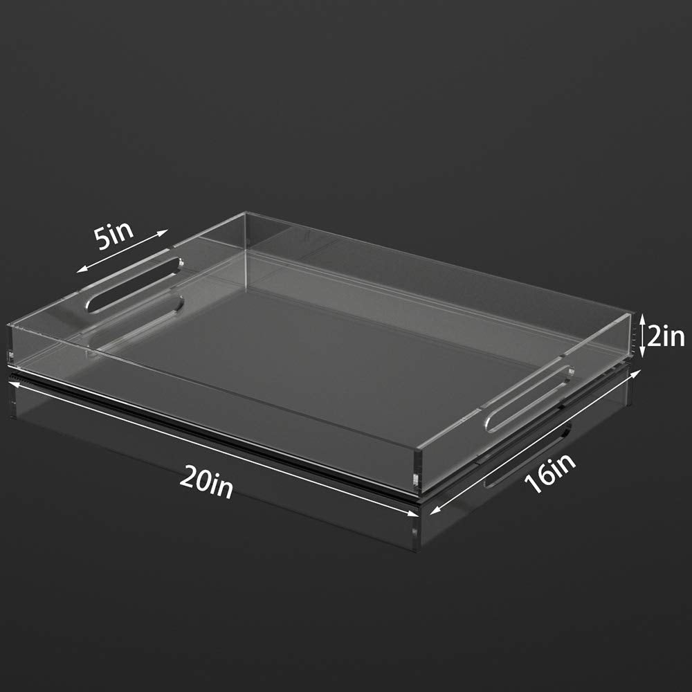 NIUBEE Acrylic Serving Tray 16x20 Inches -Spill Proof- Clear Decorative Tray Organiser for Ottoman Coffee Table Countertop with Handles