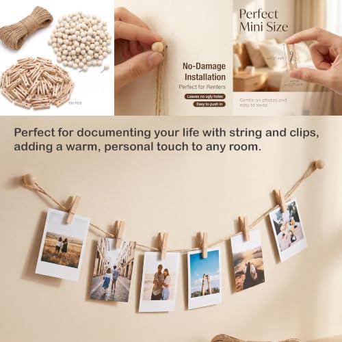 Hanging Photo Display Kit with 100 Wooden Clips & 65ft Rope