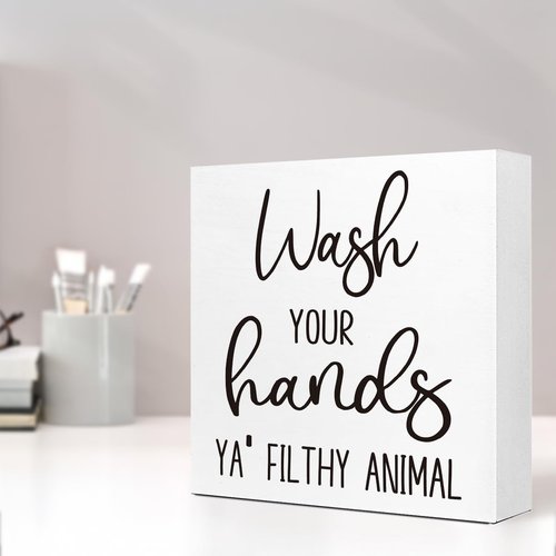 LVQHI Funny Bathroom Sign - 'Wash Your Hands Ya Filthy Animal' Rustic Decor for Shelves & Tabletops