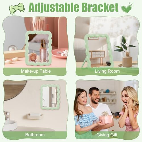 Green Wave-Shaped Adjustable Desk Mirror with Tweezer - Portable Makeup Mirror