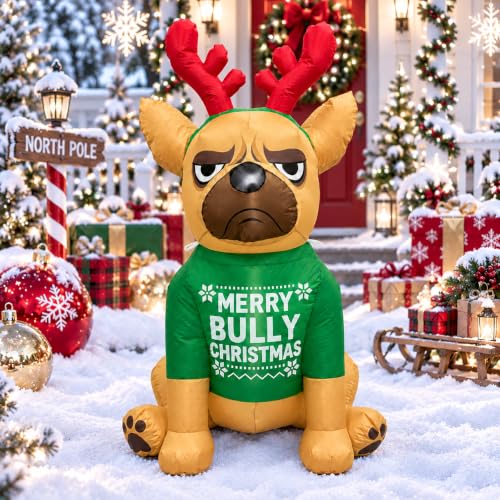4.3FT Christmas Inflatable Bulldog with LED Lights - Green Variation